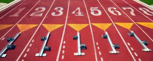 Starting Blocks at Vacant Starting Line Before Event